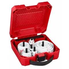 This 19-piece hole saw kit from MILWAUKEE features bi-metal construction with 6 teeth per inch and a maximum cutting depth of 1-5/8 inches. Designed for cutting through wood, metal, and plastic, it is suitable for applications such as electrical, plumbing, and HVAC installations where clean holes are required.