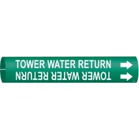 Green pipe marker with white legend reading 'Tower Water Return' and directional arrows. Fits pipe outer diameters from 1-1/2 to 2-3/8 inches. Used to identify water return lines in cooling tower and HVAC piping systems