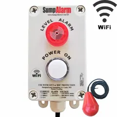Wi-Fi enabled liquid-level alarm for high-level detection in sump applications. Operates on 120V AC with auto/manual mode, includes a tether float switch, and provides a 90 dB audio/visual alert for one alarm input. No battery backup.