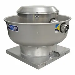 Direct-drive kitchen exhaust fan with 12 1/4 in wheel, 1,400 cfm, and open dripproof motor (1/3 hp, 115/230V AC, single-phase, variable speed). Includes drive package; square base for roof or wall mounting. Suitable for high-static-pressure applications exhausting cooking fumes and heat.