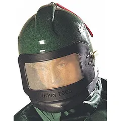 This SAR system helmet includes a nylon cape and breathing tube with vortex cooler. Designed for abrasive blasting operations, it provides respiratory protection and cooling. Universal headgear size accommodates various users.