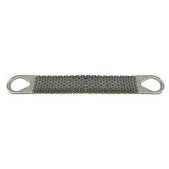 Steel wire mesh sling with triangle end fittings, 10 ga wire gauge, 4 ft length, and 12 in width. Used for lifting and moving loads in industrial settings where flexibility and load distribution are needed, such as handling hot, sharp, or abrasive materials.