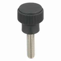 Knurled knob with threaded stud for manual adjustment and clamping on machinery, fixtures, and industrial equipment. Features a 26 mm diameter gray plastic body with a stainless steel M8 threaded stud, 30 mm thread length. Knurled surface provides secure grip.