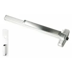 Rim-type exit device with touchbar style for doors up to 4 ft wide. Constructed of aluminum with a night latch outside trim. ADA compliant for code-compliant egress in commercial applications.