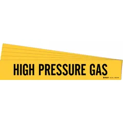 Yellow adhesive pipe marker with black legend reading 'High Pressure Gas'. Designed for pipes with outer diameter of 8 inches and larger. Each pack contains 5 markers without arrows. Used to identify high-pressure gas piping in industrial facilities.