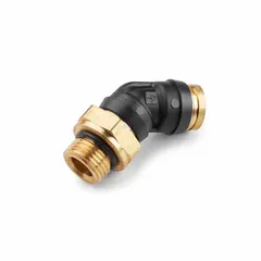 This composite push-to-connect elbow fitting connects 5/8 in OD tubing to a 22 mm metric port. It is used in pneumatic systems, including air brake lines and industrial automation, for tool-free, leak-free connections.
