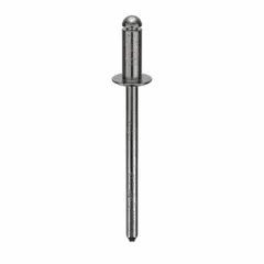 Inch-series domed-head blind rivet with 0.122" diameter, 1 9/22" overall length, 5/16" body length, and 1 13/32" overall length. Suitable for fastening materials where only one-sided access is available, such as in metal fabrication and sheet-metal work. Supplied in a 500-piece pack.