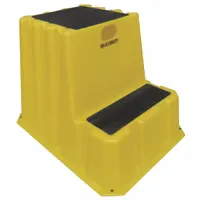 This yellow plastic box step stool has a 2 ft overall height and a 2 ft standing height. It supports up to 500 lb and is suitable for providing elevated access in industrial, warehouse, and storage areas for tasks such as reaching high shelves or equipment