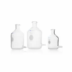 Set of six colorless glass reservoir bottles with bottom outlet, each 500 mL capacity. Narrow mouth design. Suitable for storing and dispensing liquids in laboratory settings.