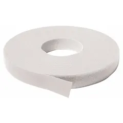 This white hook-and-loop roll is 3/4 inch wide and 37 1/2 feet long, supplied as a continuous back-to-back strap for cutting to custom lengths. Used for bundling, organizing cables, and securing items in industrial, electrical, and maintenance applications.