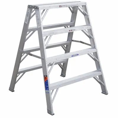 WERNER Step Stool: 4 Steps, 4 ft Overall Ht, 300 lb Load Cap, Aluminum - Dual-Side Access Folding Step Stools