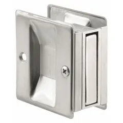 This pocket door pull handle from PRIME-LINE features a tray/lever style with unthreaded holes for mounting. Constructed from brass with a satin chrome finish in silver, it is suited for use on drawers, cabinets, and sliding doors in workshops, warehouses, and commercial facilities.