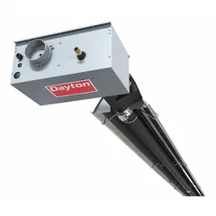 This Dayton suspended infrared tube gas ceiling heater is designed for indoor use only and operates on natural gas. It provides a heating capacity input of 150,000 BtuH and covers a floor area of 32 ft x 40 ft at minimum mounting height. Clearance to combustibles at 0 degrees is 6 in top, 81 in below, 24 in sides; at 45 degrees, 10 in top, 81 in below, 58 in left, 8 in right. Typical applications include heating commercial or industrial spaces such as warehouses and workshops.