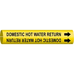 Yellow snap-on pipe marker with black legend reading 'Domestic Hot Water Return' and flow-direction arrows. Fits pipe outer diameters from 4 to 6 inches. Used to identify domestic hot water return lines in commercial or industrial piping systems.