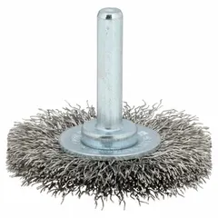 Crimped stainless steel wire wheel brush for light-cleaning applications on stainless steel surfaces. Removes oxidation, light rust, and weld discoloration without contaminating the base metal. Suitable for metal fabrication, maintenance, and finishing work.