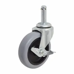 Swivel caster with stem mounting and side brake, finished in silver. Compatible with Invacare healthcare beds, replacing part number BE1180/76. Used for smooth mobility and secure locking during patient transport and bed positioning.