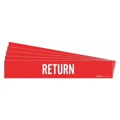 Red adhesive pipe marker with white legend reading 'Return', designed for pipes with outer diameter 8 inches and larger. Each pack contains 5 markers without arrows. Used to identify return piping in industrial fluid handling systems.