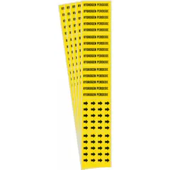 These adhesive pipe markers feature a yellow background with black legend reading 'Hydrogen Peroxide' and directional arrows. Designed for pipes with an outside diameter of 3/4 in and smaller. Each pack contains 5 markers for identifying hydrogen peroxide lines in industrial piping systems.