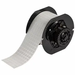 Thermal transfer precut label roll with 20,000 acrylic labels measuring 1/4 in x 1/4 in. Features permanent adhesive and halogen-free material properties. Compatible with i3300 printer series. Suitable for industrial identification and tracking of components, cables, and equipment.
