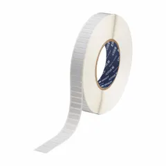 White gloss polyimide precut label roll for use with Brady i5100 printers. Individual labels measure 61/64 in x 1/4 in. Suitable for industrial identification, wire marking, and electrical panel labeling where heat and chemical resistance is needed.