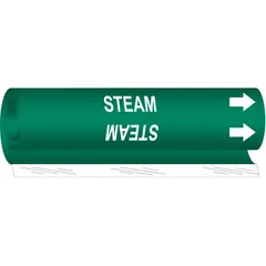 Green wrap-around pipe marker with white legend 'Steam' and directional arrows. Fits pipe outer diameters from 1/2 to 1-3/8 inches. Used to identify steam piping and indicate flow direction in industrial facilities.