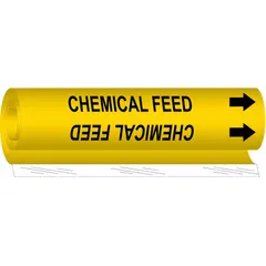 Yellow wrap-around pipe marker with black legend reading 'Chemical Feed' and directional arrows. Fits pipe outer diameters from 2-1/2 to 7-7/8 inches. Used to identify pipes conveying chemical feed in industrial piping systems.