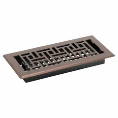 This steel floor register features a rubbed bronze finish and a decorative grille. It is designed for one-way airflow with non-adjustable blades. Suitable for covering HVAC duct openings in flooring applications.