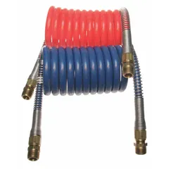 Coiled air brake assembly for service applications in air brake systems. Outer diameter 1/2 in, length 96 in. Suitable for connecting air lines between tractor and trailer in heavy-duty trucks and trailers.