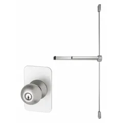 Aluminum surface vertical rod exit device with touchbar and knob trim. Designed for commercial doors up to 4 ft wide. Provides push-pad actuation for emergency egress in high-traffic openings.