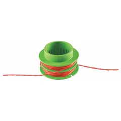 Replacement spool for EGO string trimmers, compatible with model ST1500. Features a twisted design in green and silver. The line measures 0.095 inches in diameter and 15 feet in overall length. Suitable for trimming grass and weeds in landscaping applications.