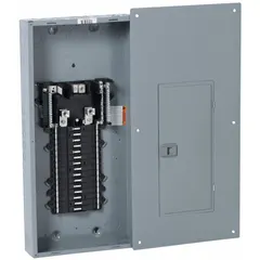 Main lug load center for 1-phase, 120/240V AC systems. Rated 200A with 65kA short circuit current rating. Provides 30 spaces and supports up to 10 tandem breakers. Includes a combination flush/surface cover for indoor use. Convertible design with plug-on neutral for simplified wiring.