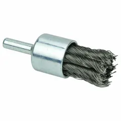 Twisted stainless steel fill brush for heavy cleaning of stainless steel surfaces. Removes weld discoloration, rust, and contaminants without cross-contamination. 3/4 in diameter with 1/4 in shank.