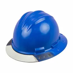 Polyethylene full-brim hard hat with solid sky blue color and no graphics. Features a 4-point ratchet suspension system for secure fit and side-slots for accessory mounting. Type 1, Class E rated for impact and electrical protection in industrial environments.