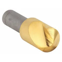 Single-flute countersink with 110° included angle for deburring and chamfering holes in metal. Cobalt construction with titanium nitride coating provides wear resistance. Body diameter 2 in, shank diameter 3/4 in. Suitable for high-speed machining on steel, stainless steel, and other hard materials.