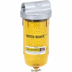 Replacement fuel filter assembly for water and particulate removal. Features a polymer/zinc body with silicone treated paper filter media. Maximum flow rate of 25 gpm. Compatible with GOLDENROD model 470-3/4. Used in fuel dispensing and filtration systems for diesel or fuel oil.