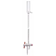Class A borosilicate glass buret with 100 mL capacity, 0.2 mL increments, and ±0.10 mL tolerance. Length 770 mm. Used for precise liquid dispensing in volumetric analysis, titration, and laboratory measurements. Closure not included.