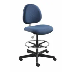 ESD-safe task chair with fabric seat, armless design, and nylon base. Seat width and depth are 18 inches; height adjusts from 21 to 28 1/2 inches. Includes foot support for grounding. Suitable for static-sensitive work environments such as electronics assembly or laboratory settings.
