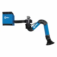 This wall-mount fume extractor features a single self-cleaning filter arm with 12 ft length and MERV 16 filtration. It operates on 120V nominal input voltage and is designed for capturing welding fumes and airborne particulates in industrial environments