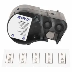 Polyolefin, white matte sleeve label for wire and cable identification. Measures 1 in x 7/16 in, fits 8 AWG to 16 AWG wire gauge. Compatible with BMP53 printer series.