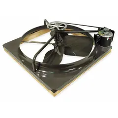 This ceiling-mount whole house fan is designed for residential ventilation, exhausting hot air from living spaces into the attic. It features a 36-inch blade, belt drive, and delivers up to 10,600 cfm, covering areas up to 2,500 sq ft. The fan operates on 115V AC single-phase power, has two speeds, and is speed controllable. It requires a square rough opening and is not intended for high-static-pressure applications.