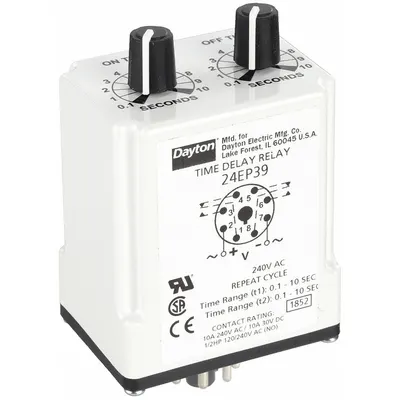 Dayton Single Function Time Delay Relay: Socket Mounted, 240V AC, 10 A - Socket-Mounted Relays