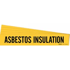 Yellow adhesive pipe marker with black legend reading 'Asbestos Insulation'. Designed for pipes with outside diameter of 8 inches and larger. Pack of 5 markers without arrows. Used to identify pipes containing asbestos insulation in industrial facilities.