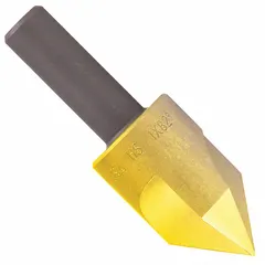 This six-flute countersink is made of TiN coated high speed steel for extended tool life. It has a 1-1/2 in body diameter and a 3/4 in shank, designed for creating smooth 110° countersunk holes in metal, plastic, or wood. Commonly used for deburring and countersinking in machining applications.