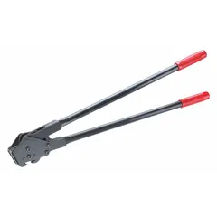 This manual sealer tool is designed for steel strapping applications, creating single-notch, down-cut seals. It is suited for heavy-duty strapping tasks where secure load containment is required, such as in packaging and shipping operations.