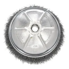 This WEILER brush features crimped steel wire bristles with a 0.02 in fill diameter, designed for light cleaning, surface preparation, and deburring on carbon steel. The 5 in diameter cup brush connects via a 5/8"-11 arbor hole, suitable for removing rust, paint, and weld scale in industrial maintenance and fabrication applications.