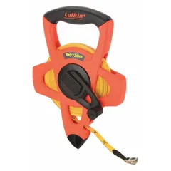 Manual open-reel long tape measure with a 100 ft fiberglass blade, double-sided SAE/Engineers scale graduated in 1/100 ft increments. Features a nonmagnetic single hook end and a plastic case with grip. Suitable for measuring long distances in construction, surveying, and engineering applications.