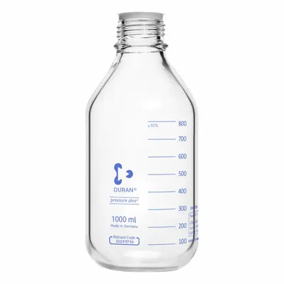 DURAN Laboratory Bottle: 1 L, Closure Material: HDPE – Closure Liner Material: Unlined Cap - Clear Wide Mouth Round Glass Lab Bottles