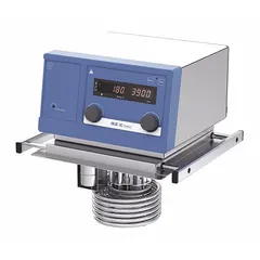 Heating circulator with LED display and temperature control. Maintains temperature accuracy within +/-0.02K. Minimum temperature setting is Ambient. Overall depth 11 1/2 in. Used in laboratories for precise fluid temperature control in applications such as chemical synthesis and material testing.