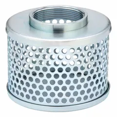 Steel suction strainer with round perforations on the side. Features a 3-inch female NPT (FNPT) thread connection. Used for filtering debris from fluids in suction lines to protect pumps and downstream equipment.