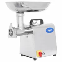 This meat grinder is powered by a 1 hp motor, drawing 6 A at 110V AC. It includes a sausage stuffer attachment for filling casings. Suitable for grinding fresh meat in commercial kitchens, butcheries, and food processing operations